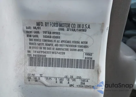 2001 Ford Focus Se из США, поврежденный, VIN 1FAFP36351W374228